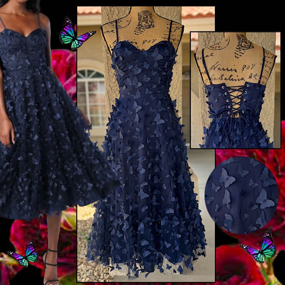 Lulus Time to Fly Navy Blue 3D Butterfly Lace-Up Midi Dress Size Small